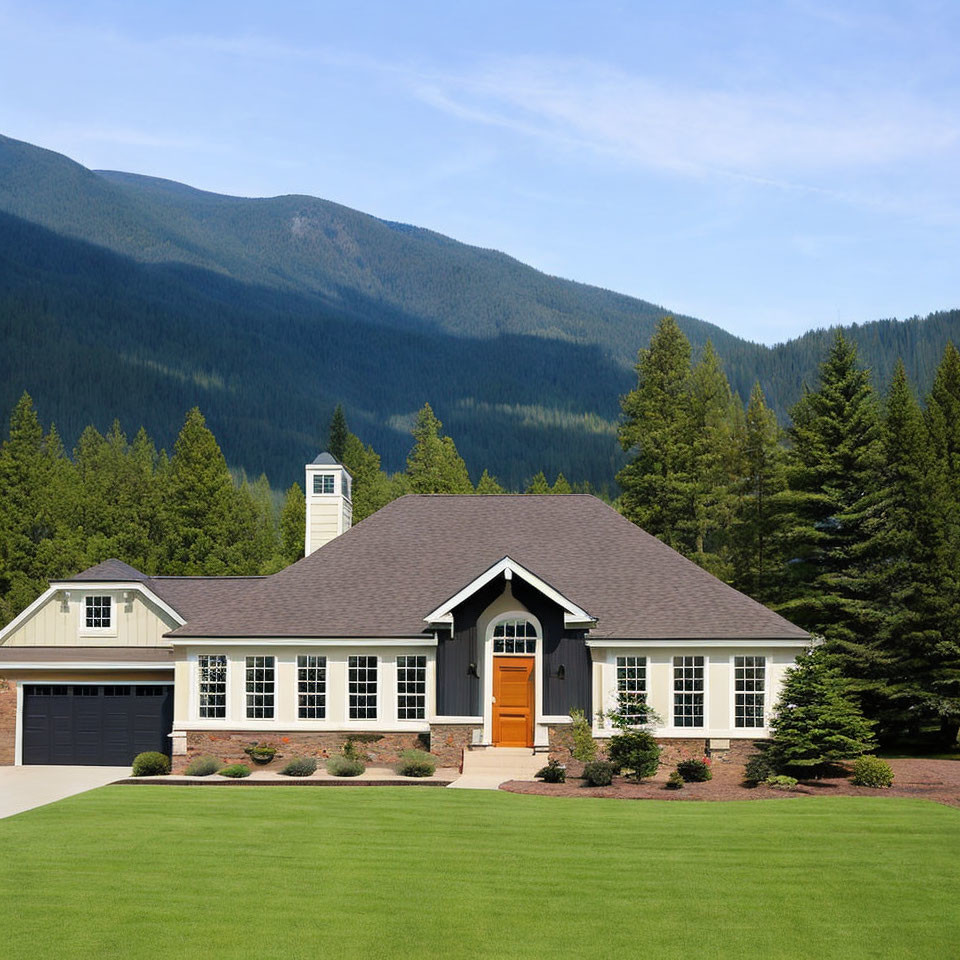 Gray Siding Single-Story House with Orange Door and Attached Garage