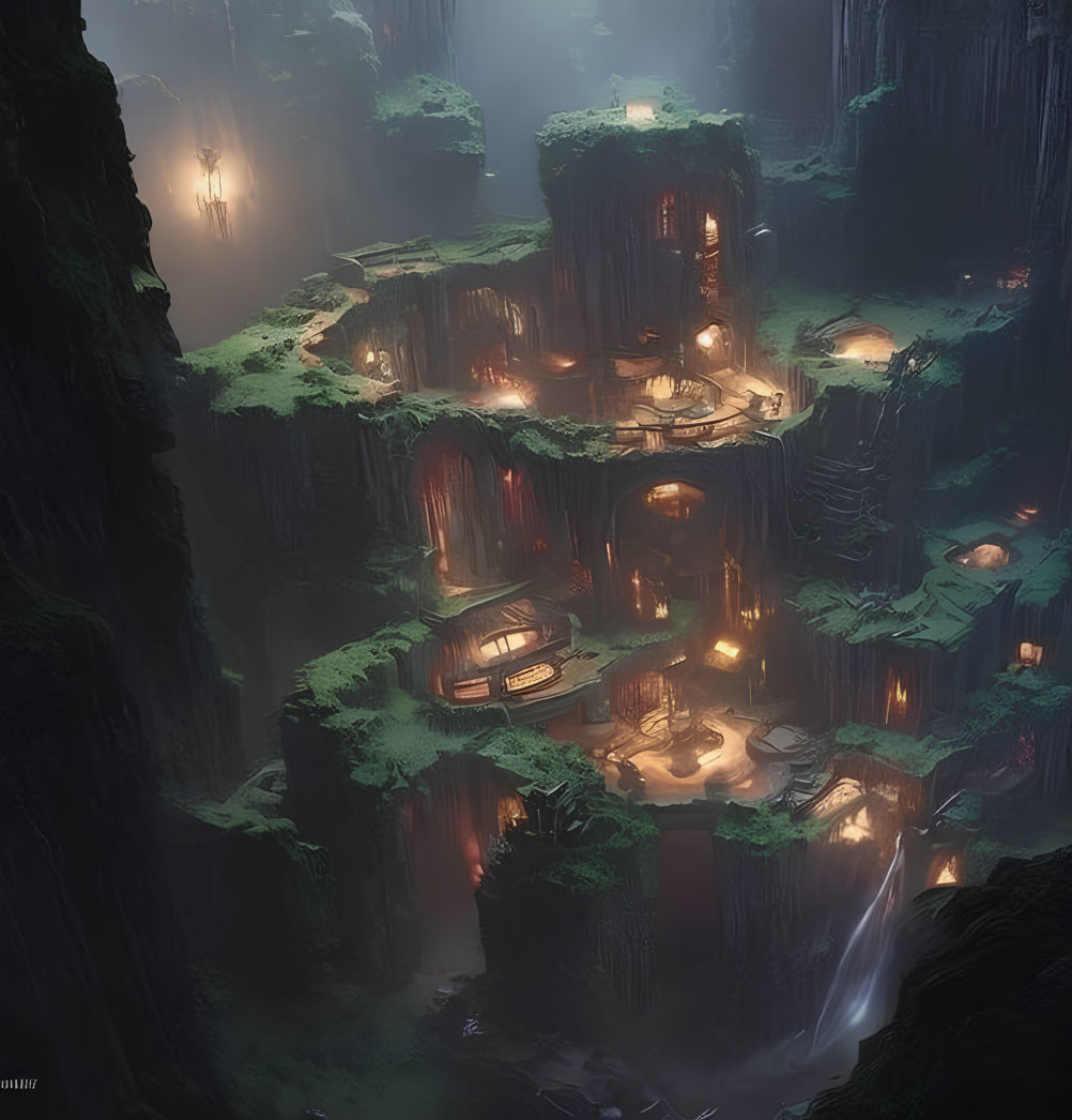 Enchanting subterranean city with glowing lights and waterfalls