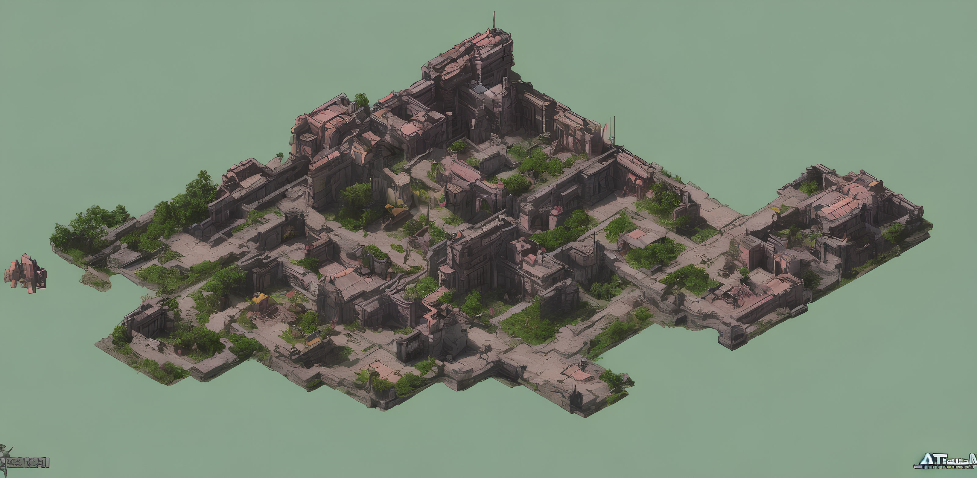 Detailed Isometric View of Abandoned Urban Area with Overgrown Ruins on Isolated Landmass