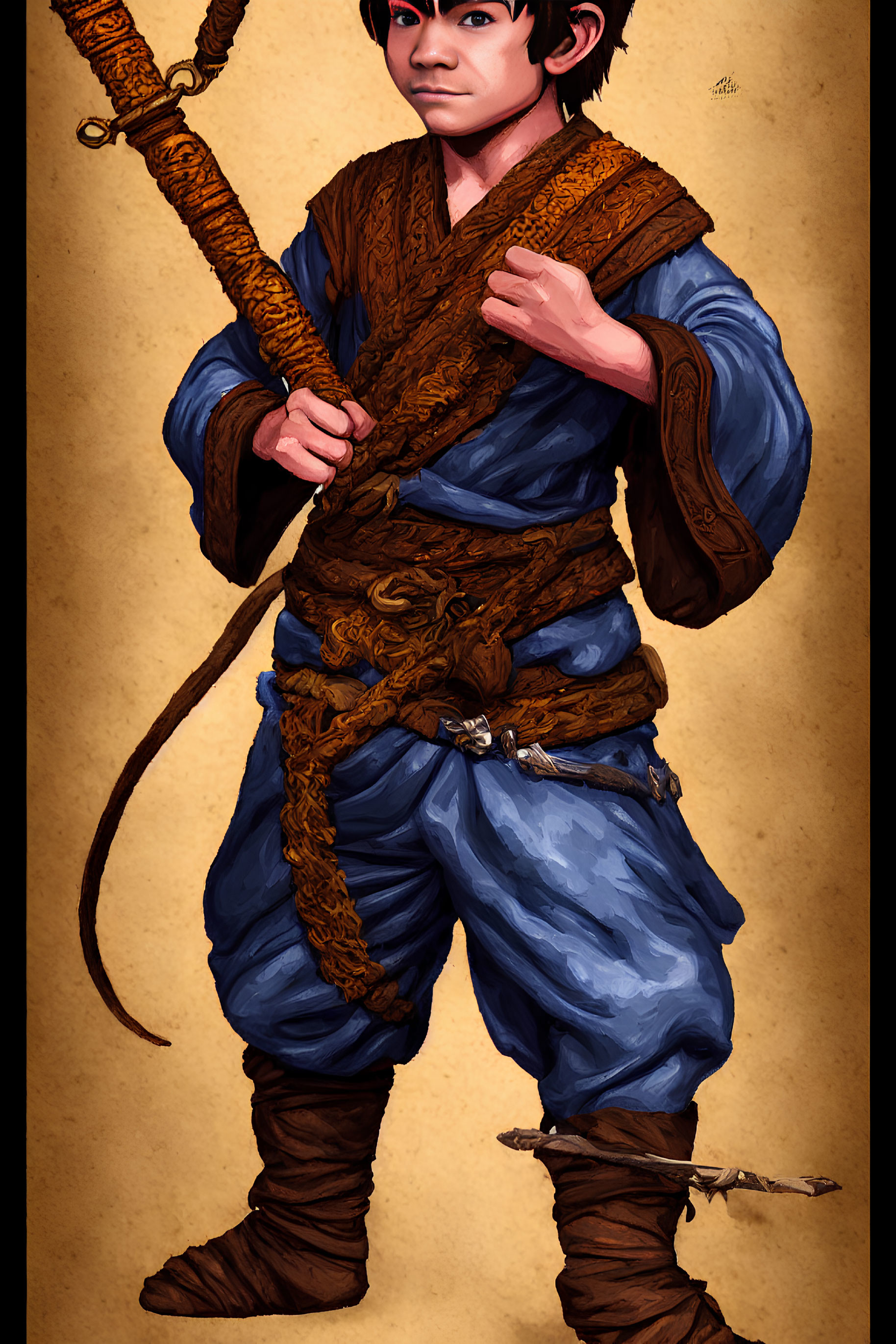 Pointy-eared character in blue warrior outfit with staff