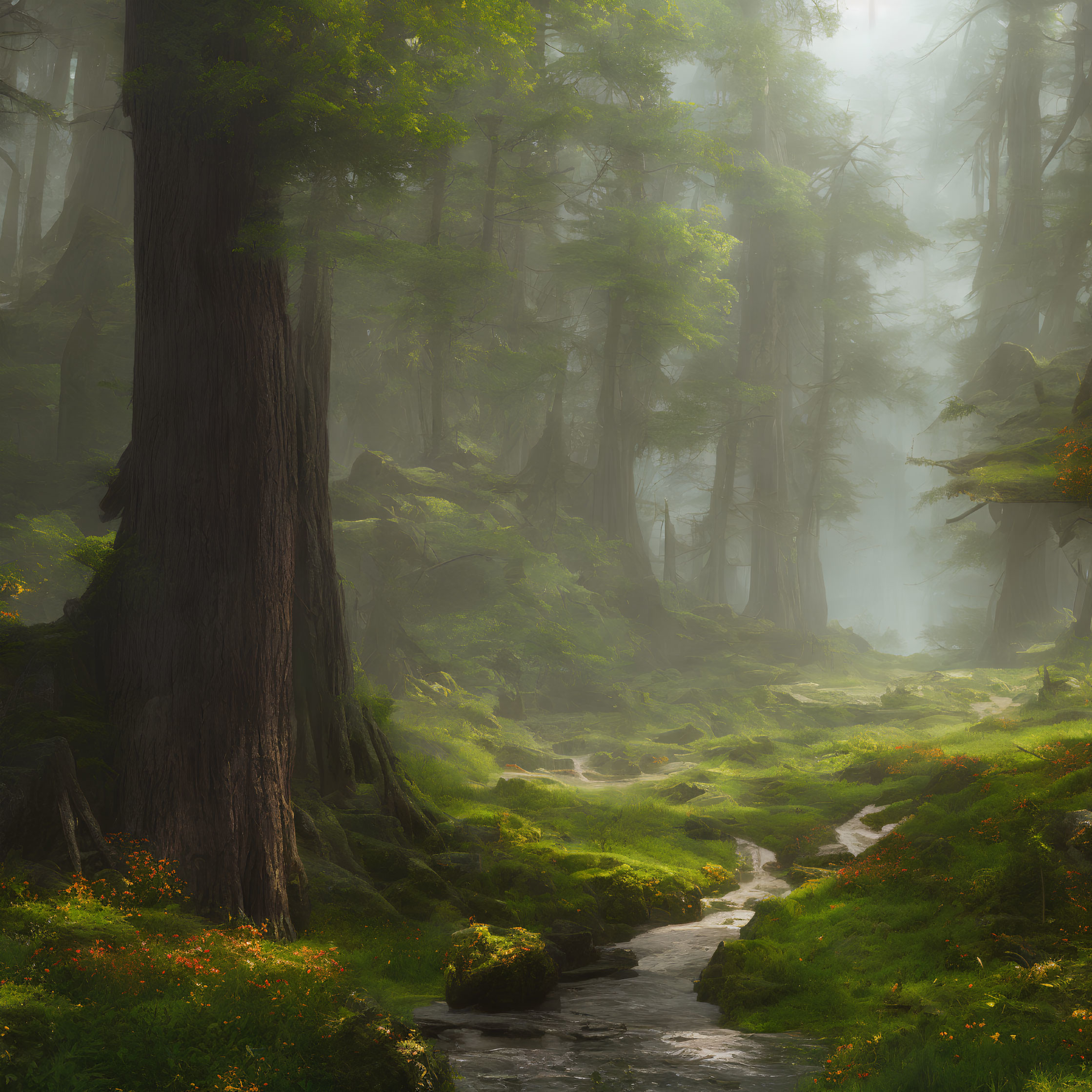 Tranquil forest landscape with stream, moss, trees, and sunlight.