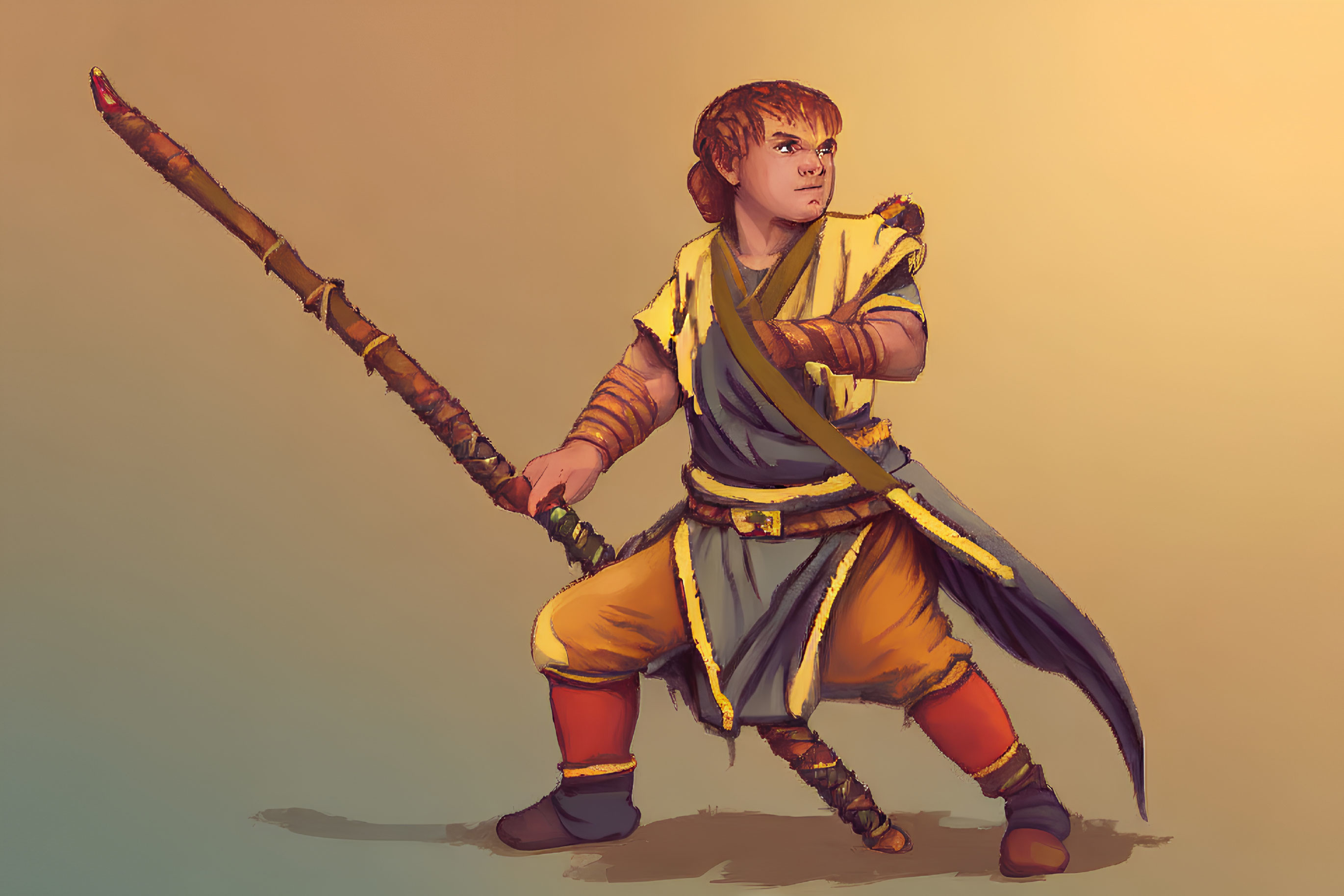 Fantasy character with spear in yellow and orange attire