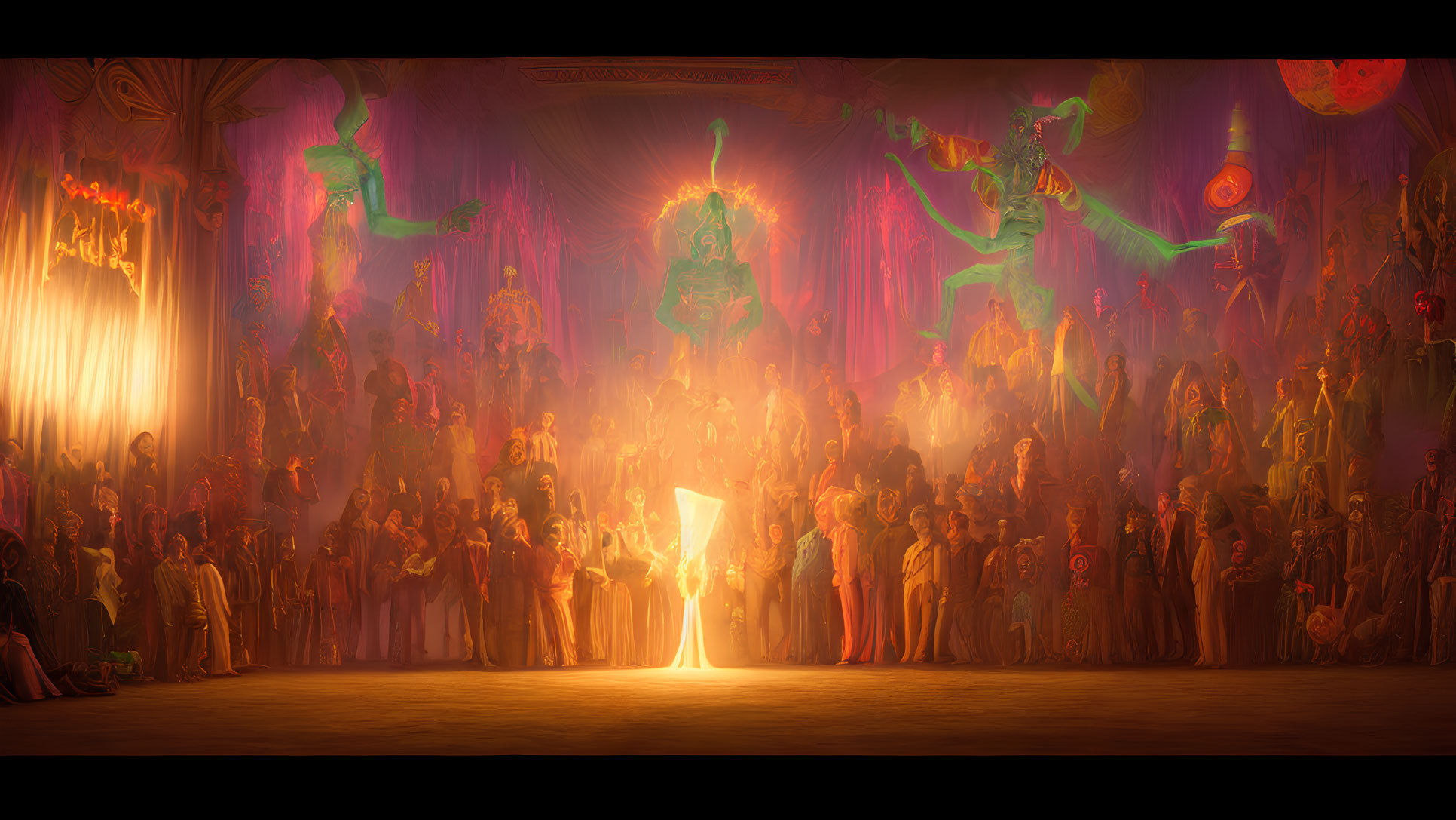 Fantasy scene: opulent, crowded hall with humanoid figures casting spells under warm light