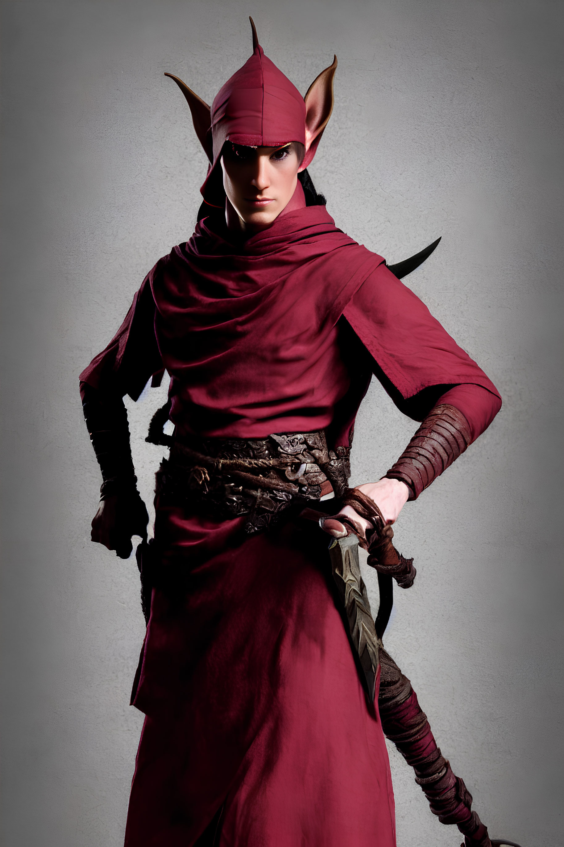 Elaborate elf costume with pointy ears, maroon cloak, sword, and fantasy belt.