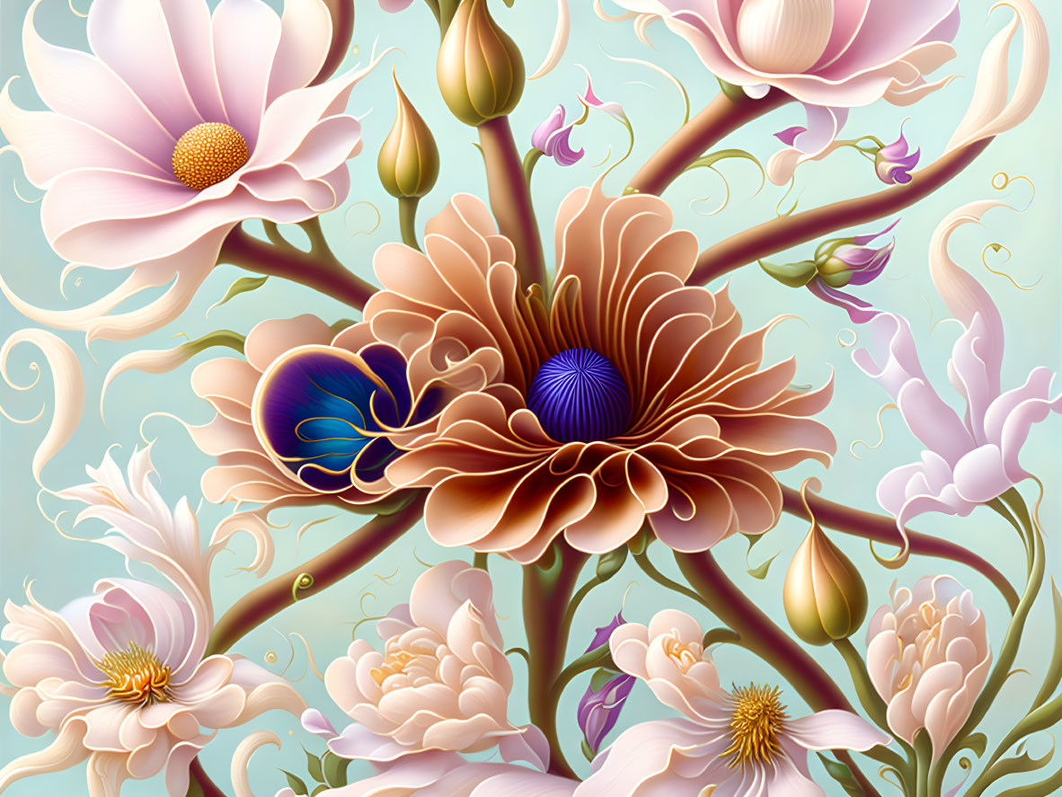 Colorful Floral Illustration with Detailed Stylized Flowers on Pastel Background
