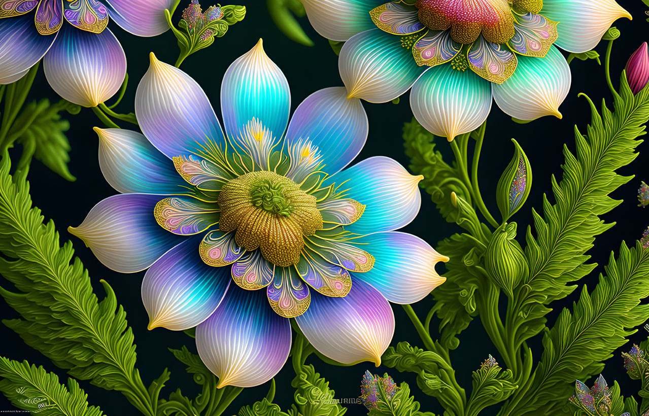 Detailed digital artwork of vibrant flower surrounded by foliage