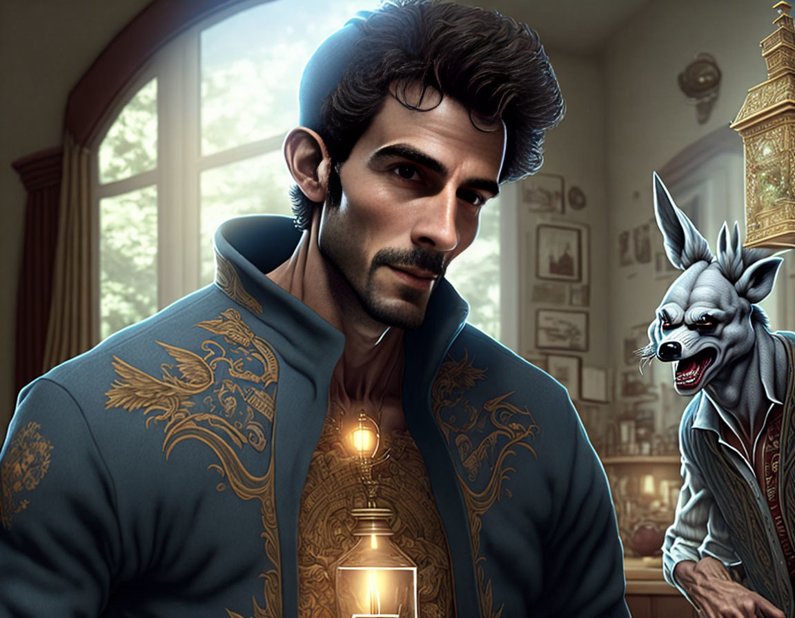 Digital artwork of stylish man with beard in blue jacket in elegant room with grinning grey dog-like creature