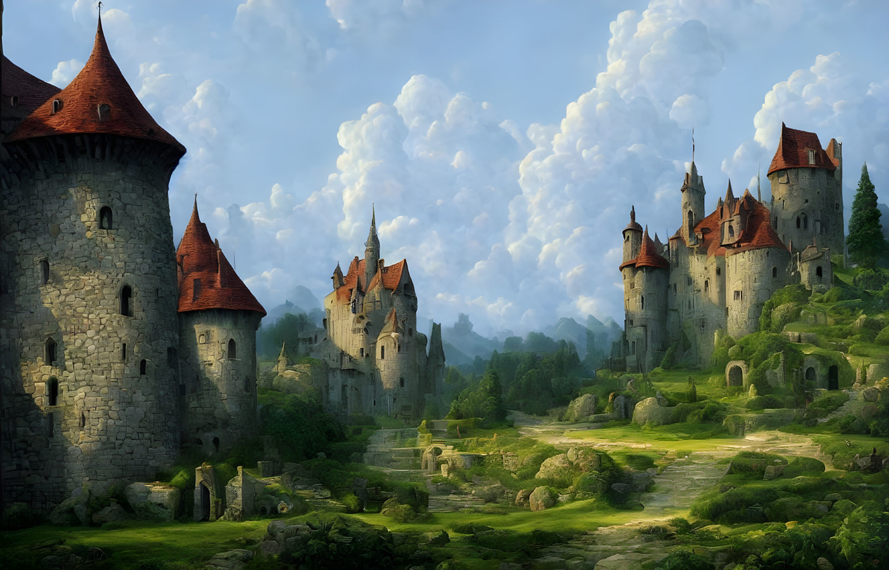 Medieval Castle Complex with Towering Spires in Lush Greenery