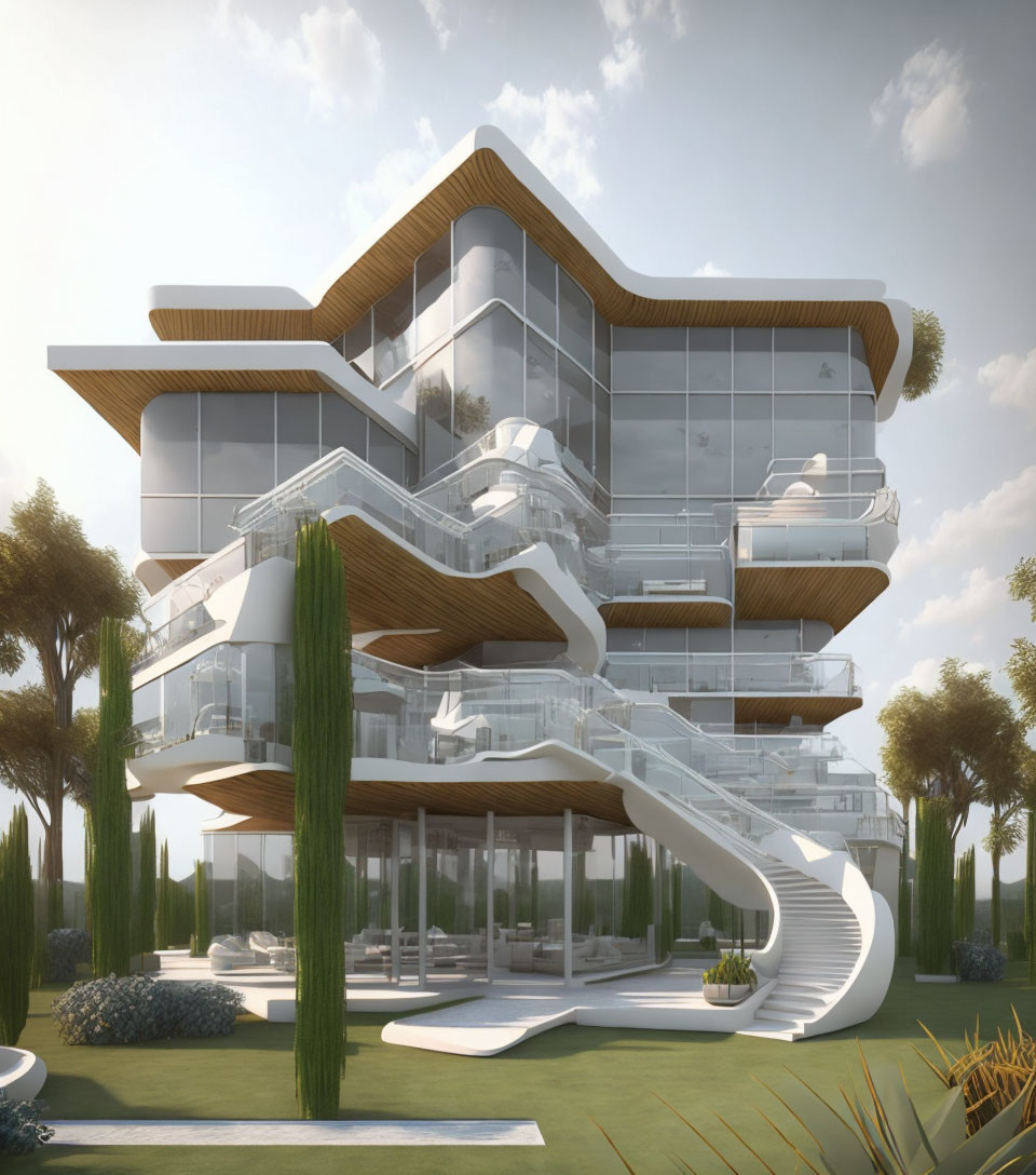 Modern multi-level architectural structure with glass panels, terraces, grand staircase, and landscaped greenery