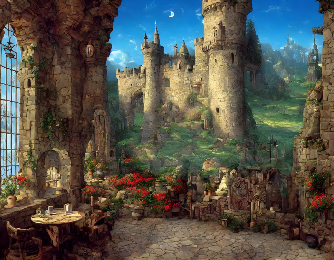 Medieval fantasy castle with towers, stone ruins, flowers, and distant woods in scenic landscape