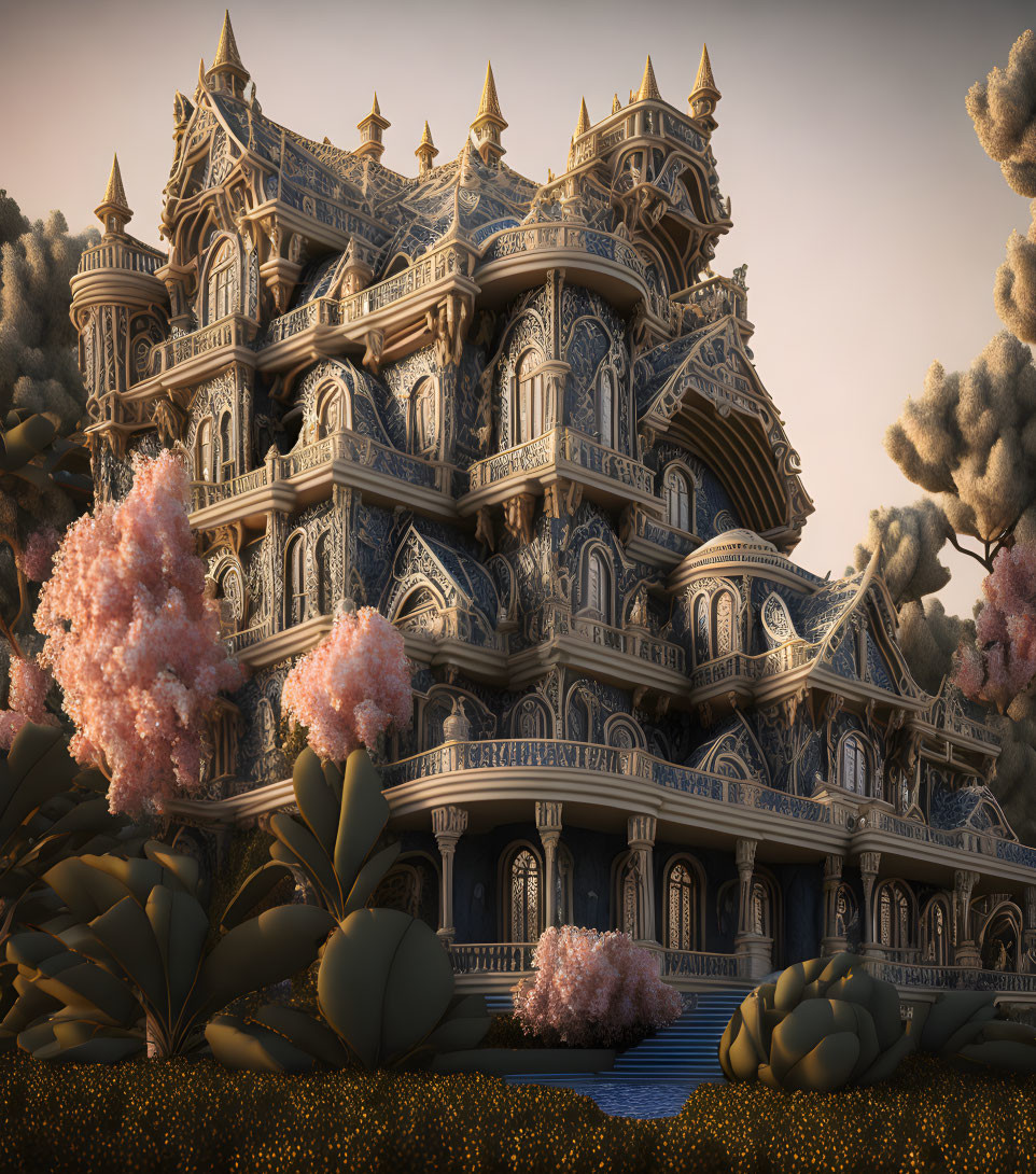 Fantasy-style mansion with cherry blossoms and lush foliage