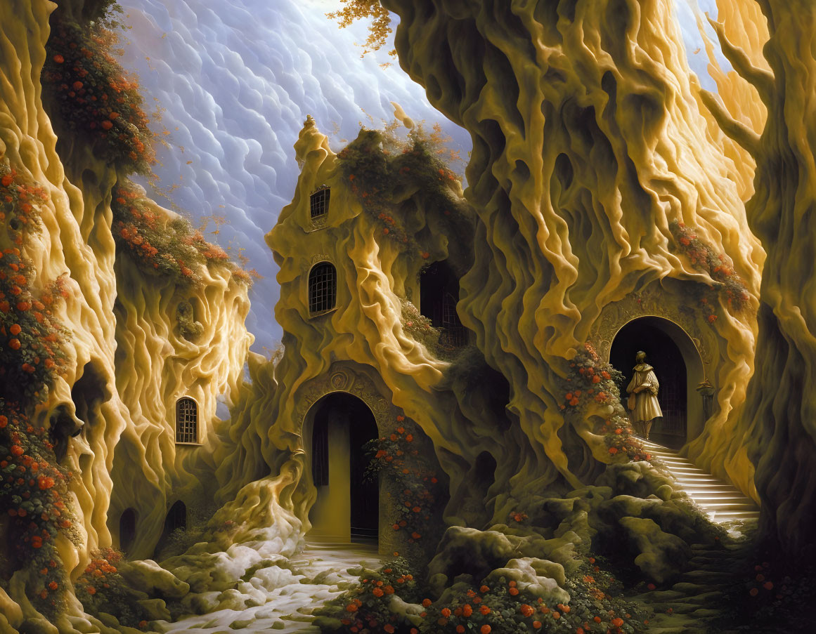 Surreal painting: rocky landscape, cloud-covered floors, winding staircases, floral clusters, ro