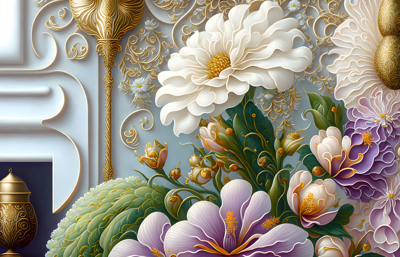 Detailed Floral Artwork with White, Purple, Green Flowers & Golden Accents