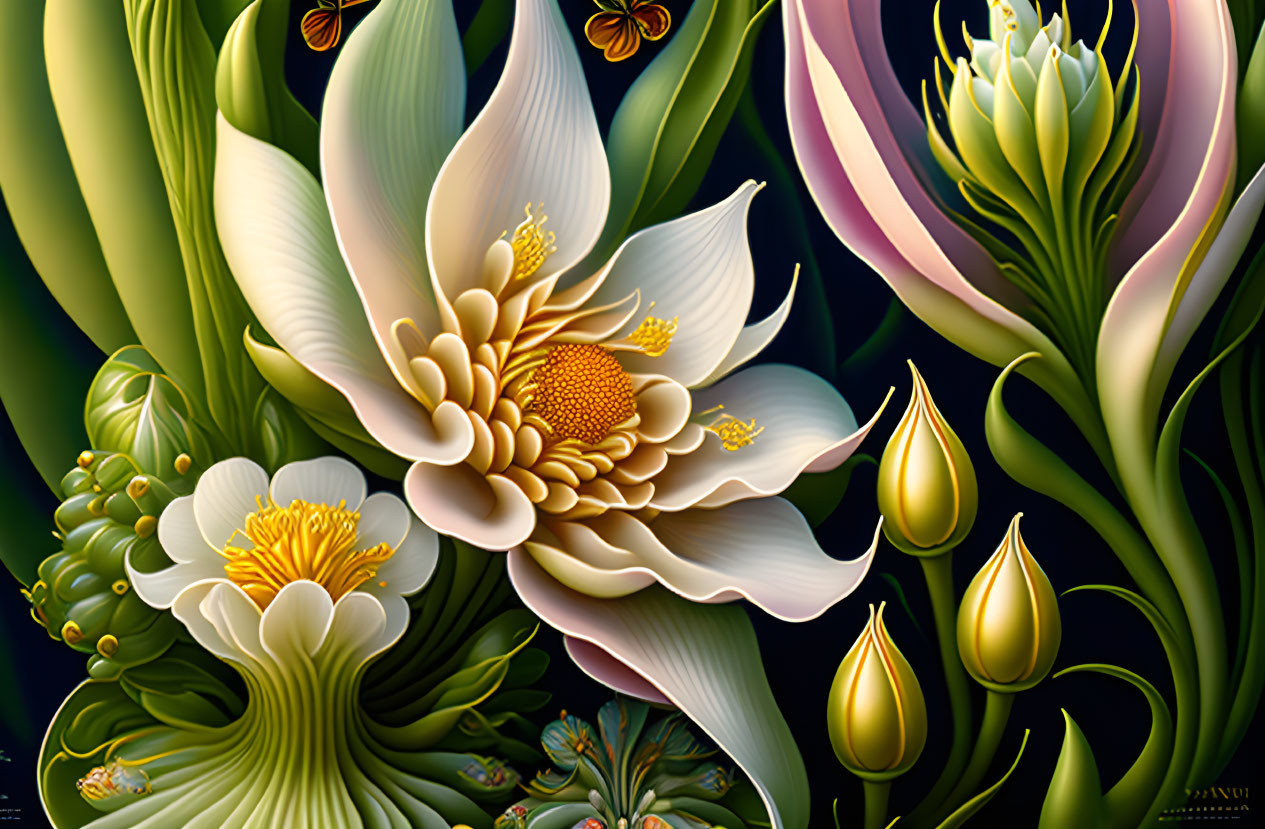 Colorful digital artwork of white flowers with golden centers and butterflies on dark backdrop