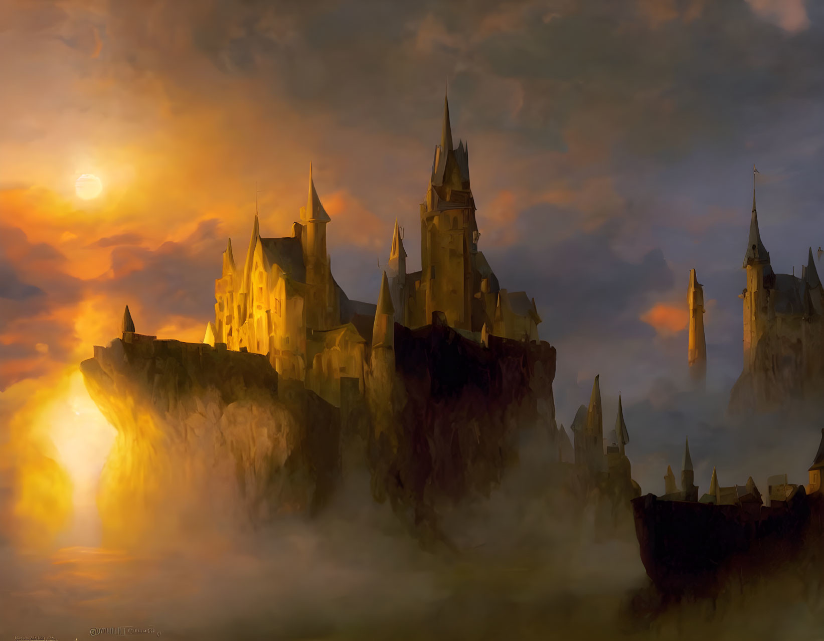 Majestic castle on cliffs at sunset in misty landscape