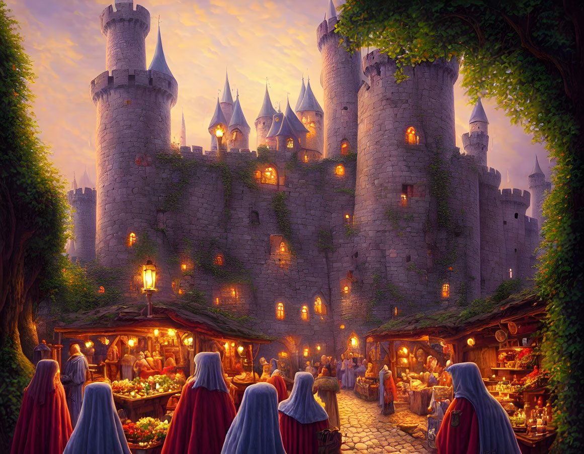 Medieval marketplace with vendors and castle at dusk