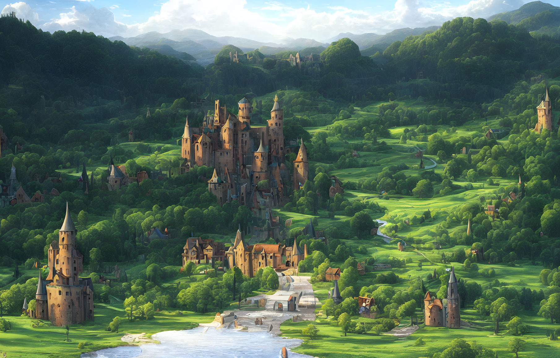 Majestic castle in fantasy landscape with river and green hills