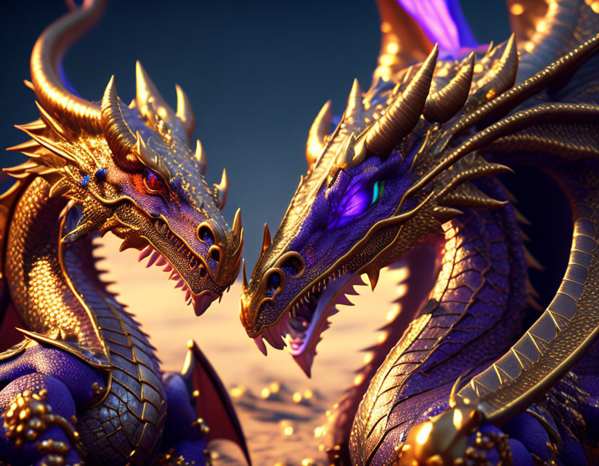 Detailed golden and purple dragons face off in a dusk sky scene