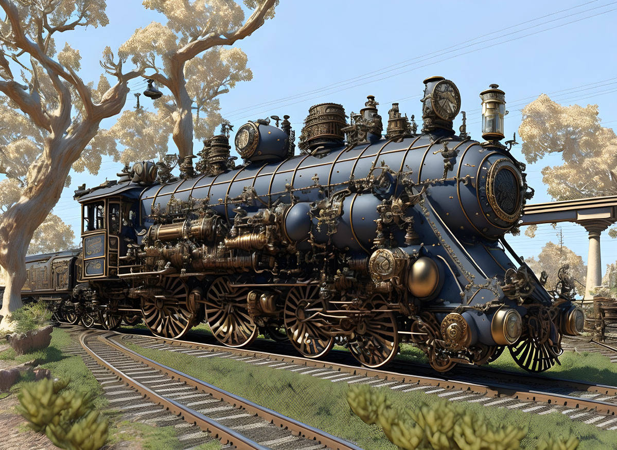 Steampunk-style locomotive with brass-like metalwork on surreal landscape.