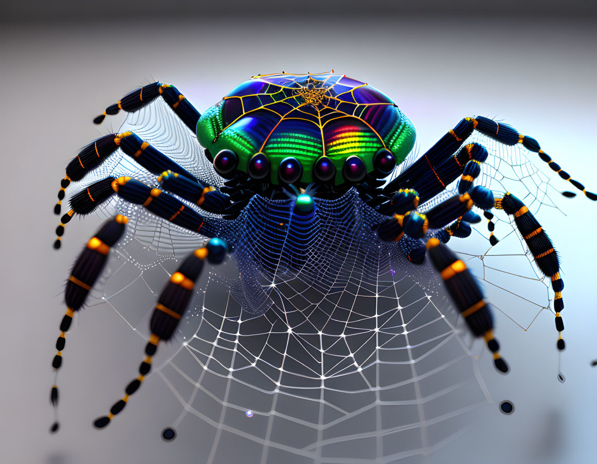 Colorful iridescent spider on delicate web with striped legs