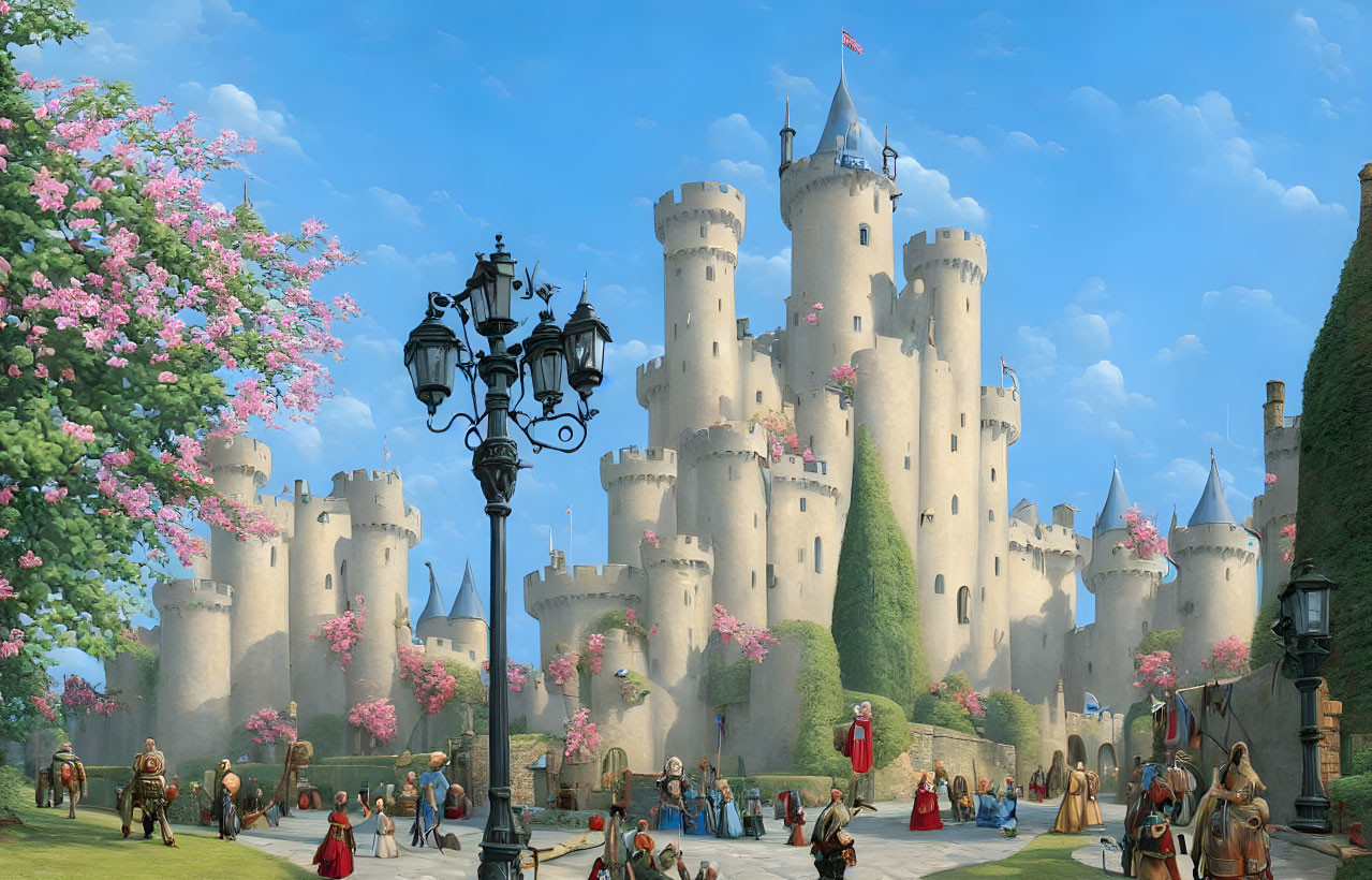 Castle with multiple towers, medieval attire, vibrant sky, and flowering trees