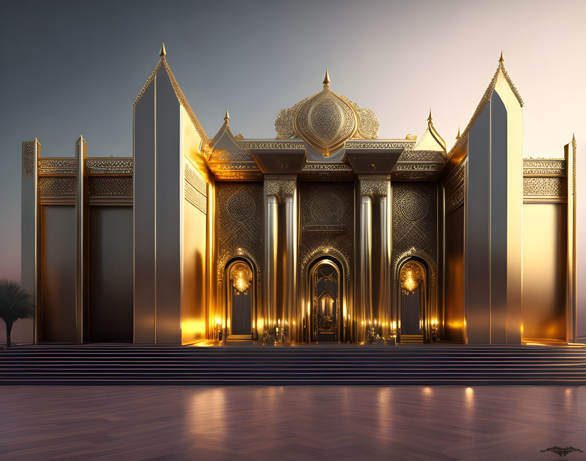 Luxurious palace with golden adornments and intricate architecture at sunset