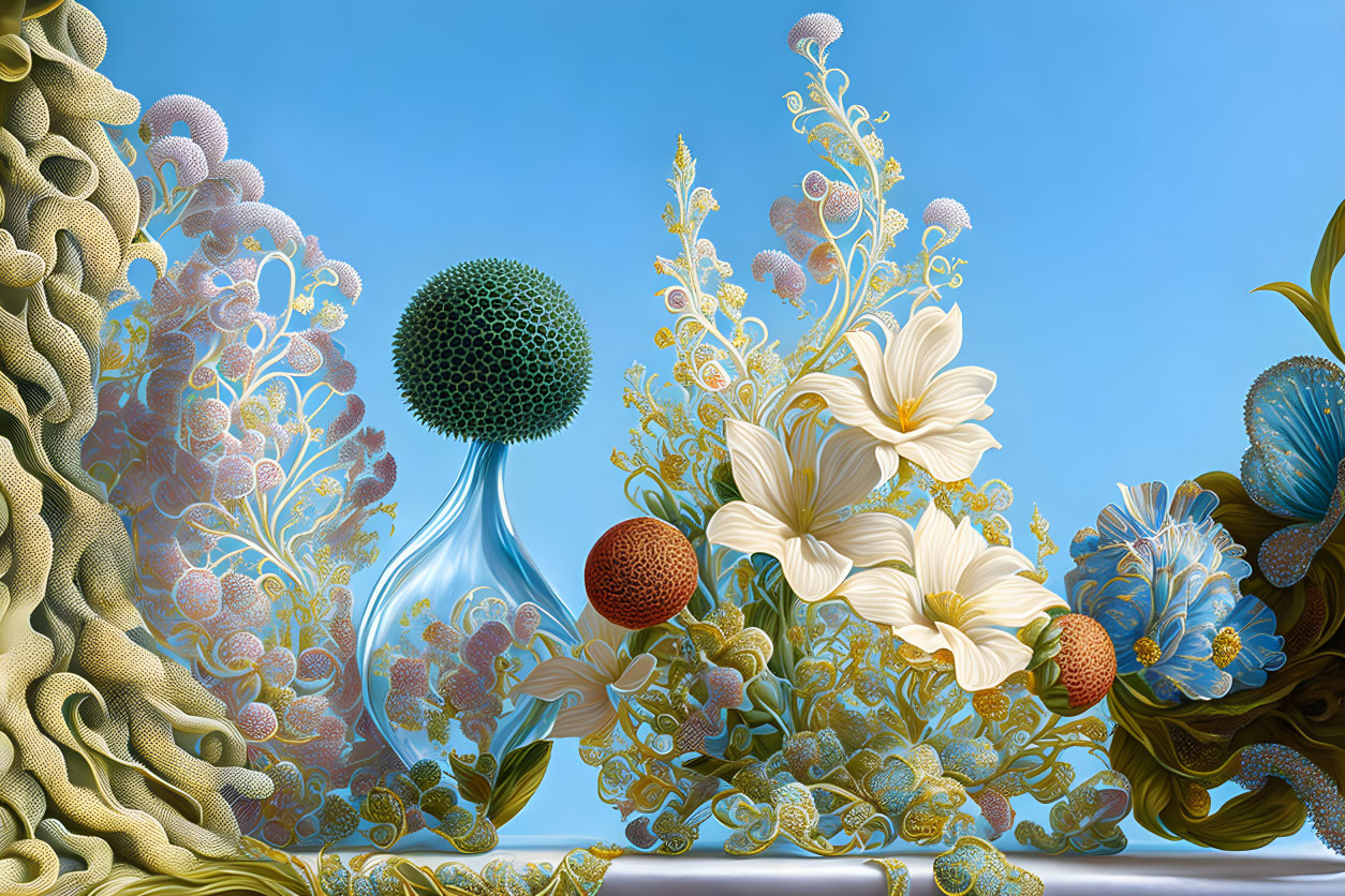 Vibrant, hyper-detailed surreal landscape with intricate plants against blue sky