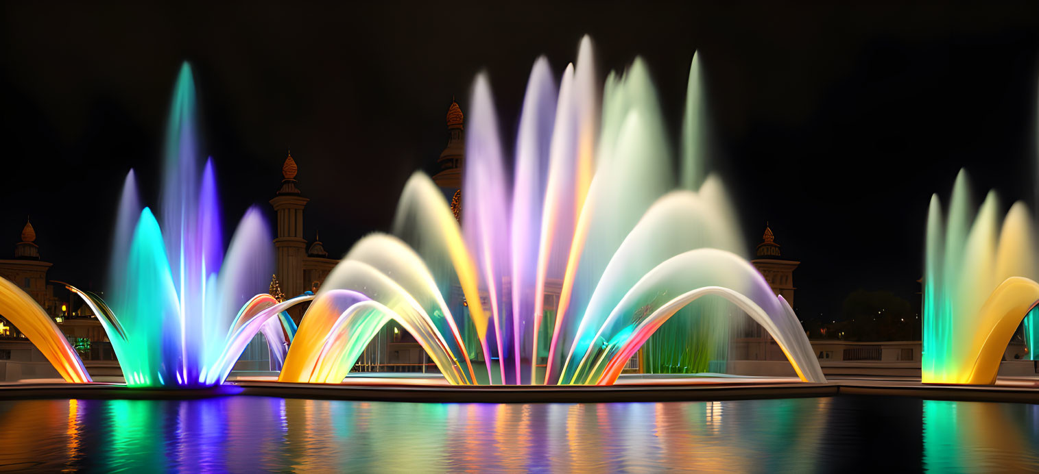 Multicolored illuminated night fountain with water jets in blue, green, yellow, and white