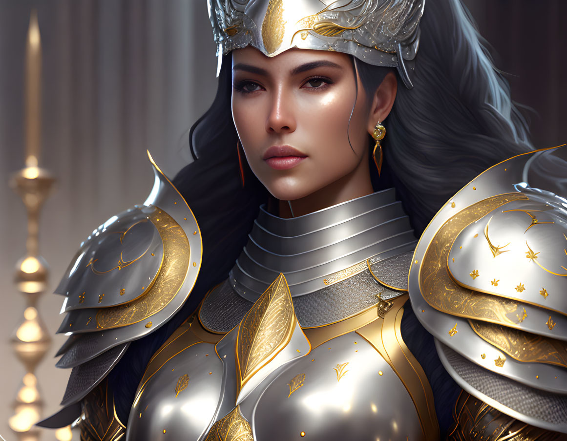 Female warrior portrait in silver and gold armor with regal helmet