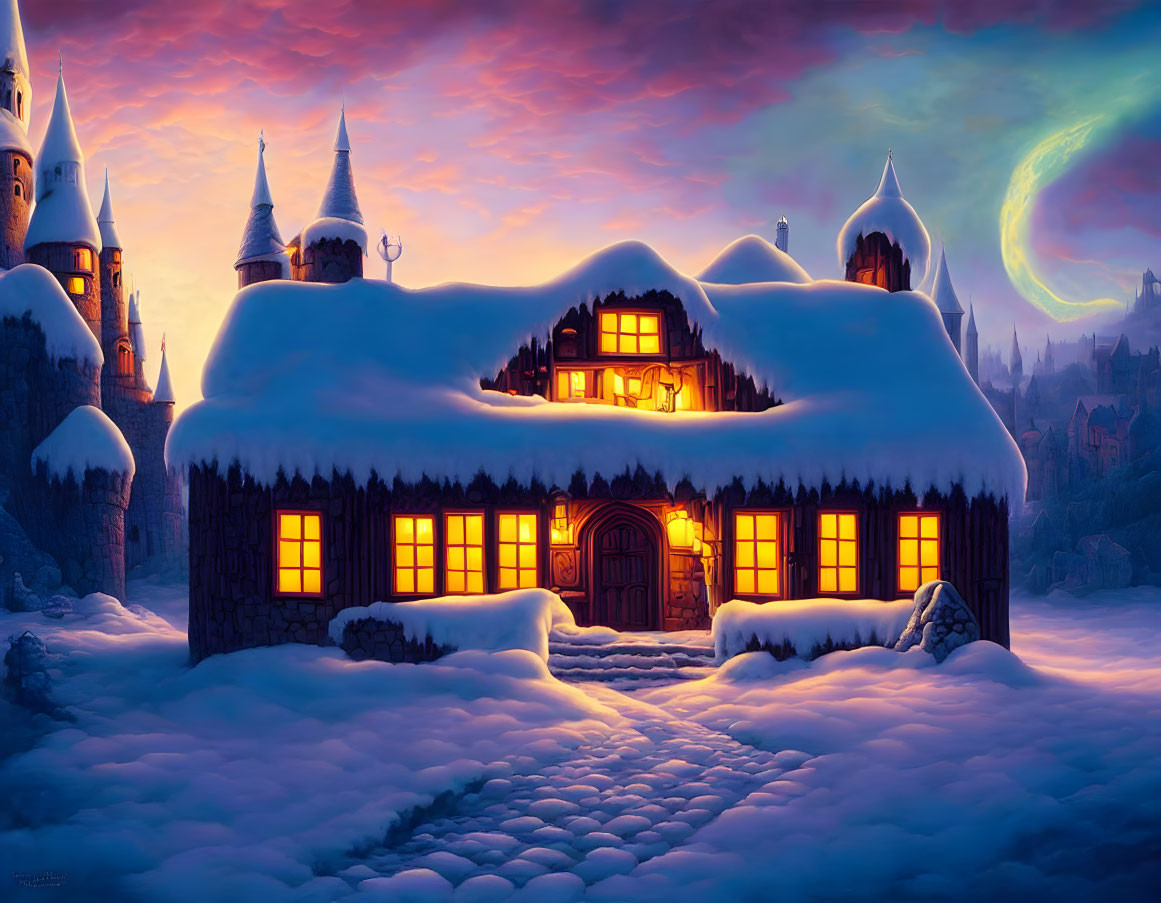 Snow-covered cottage with glowing windows under twilight sky and castle.