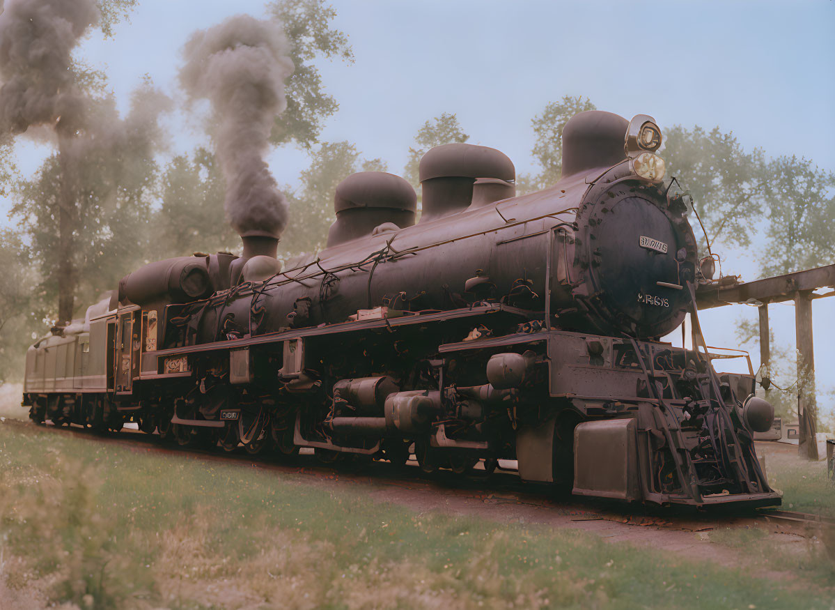Vintage Steam Locomotive Billowing Smoke on Tracks in Hazy Landscape