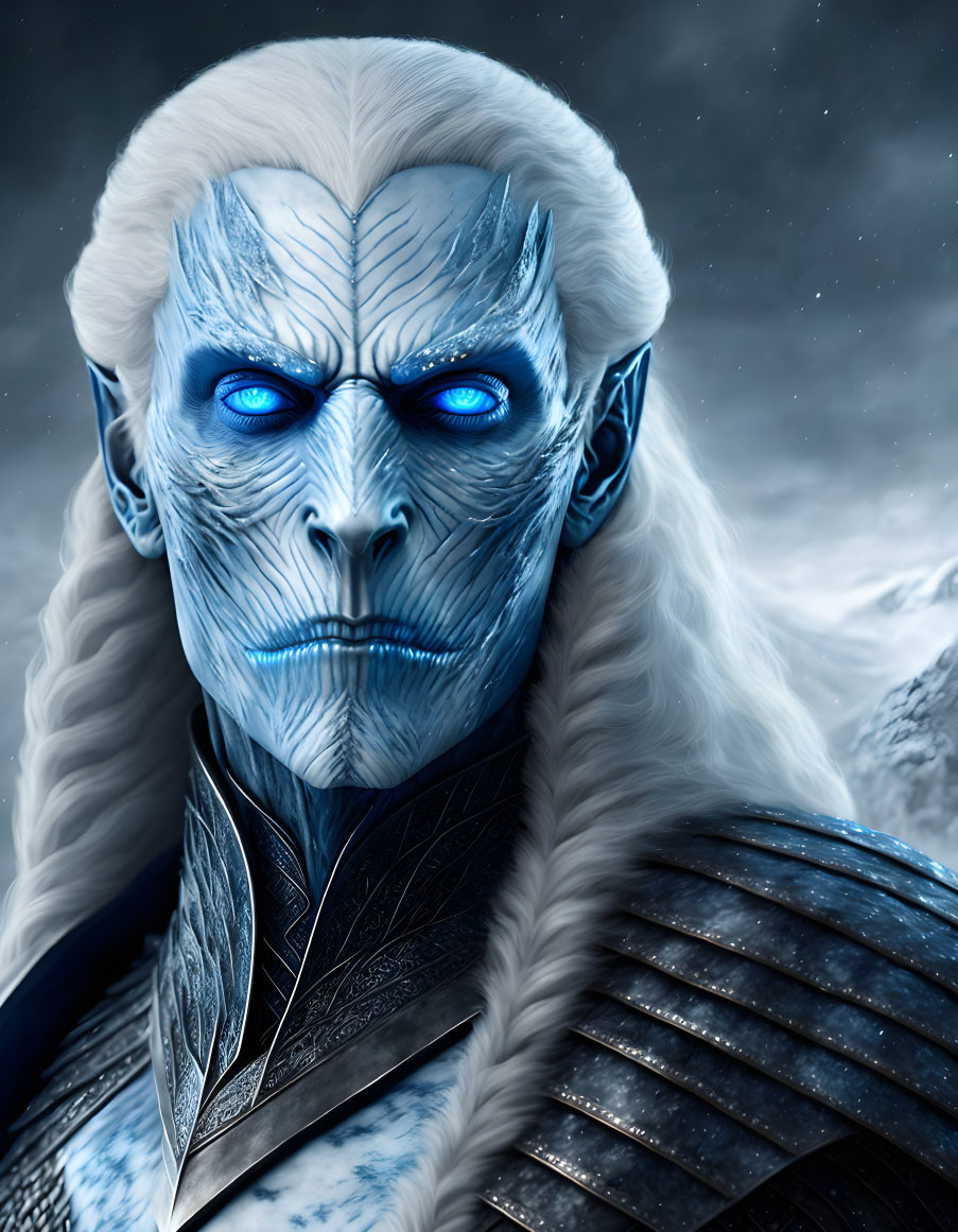 Fantasy character with pale blue skin, white hair, and intricate armor in snowy scenery