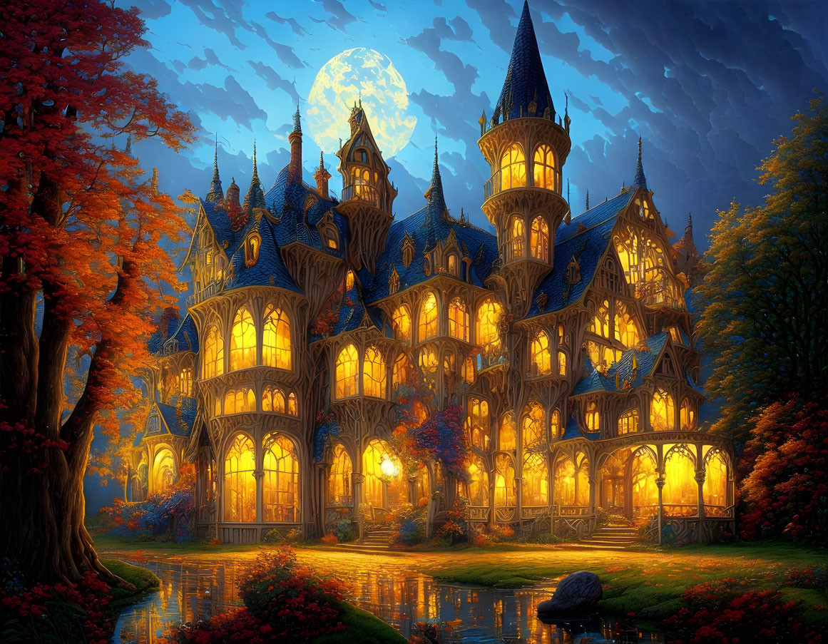 Victorian-style mansion in moonlit night with autumn trees and river