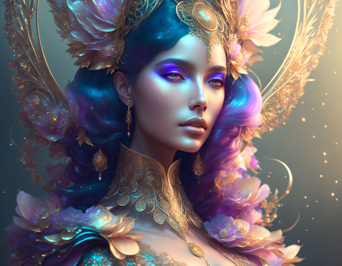 Fantasy portrait of woman with blue hair, golden headdress, and iridescent glow