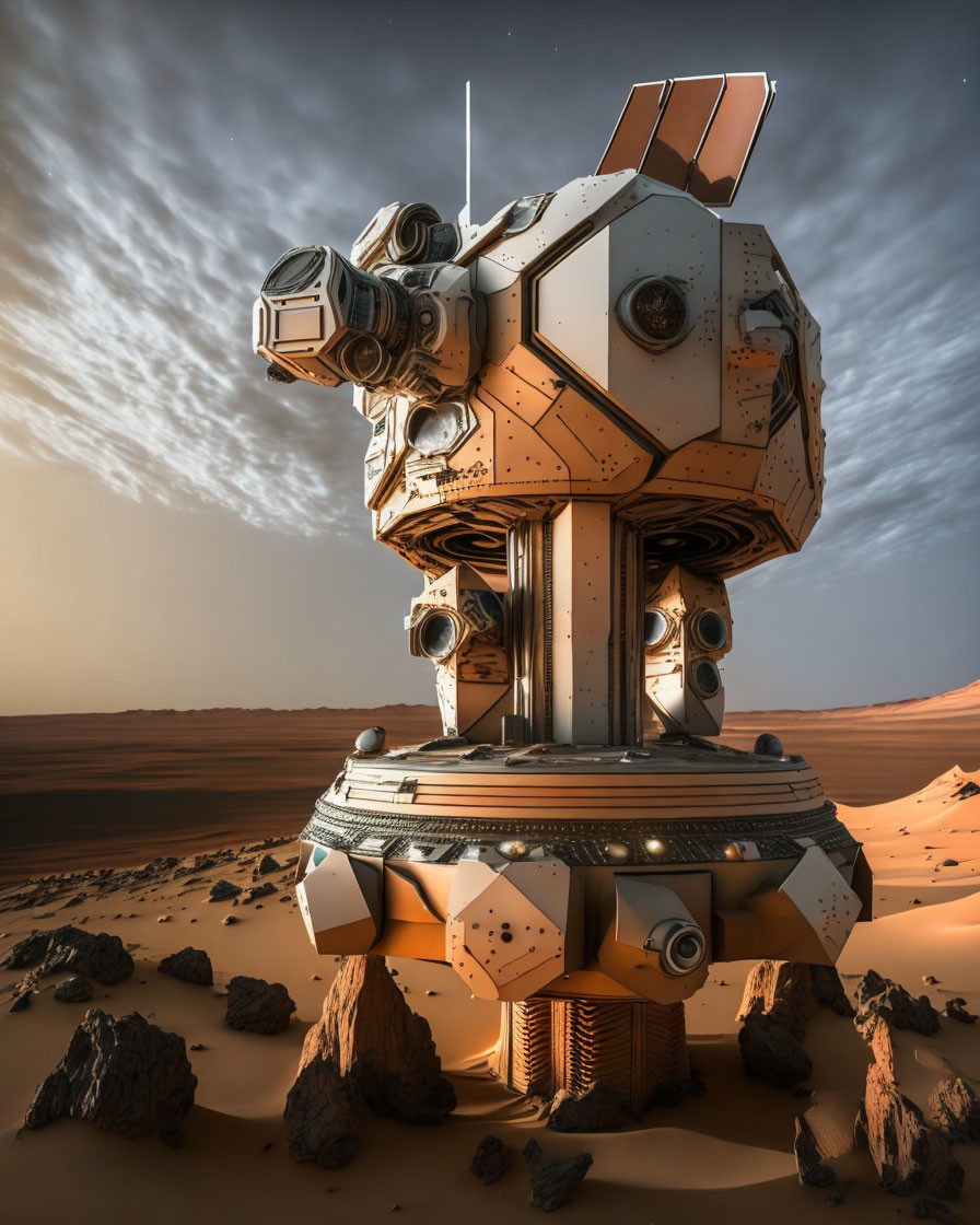 Futuristic robotic structure with spherical sensors and antennas in desert landscape