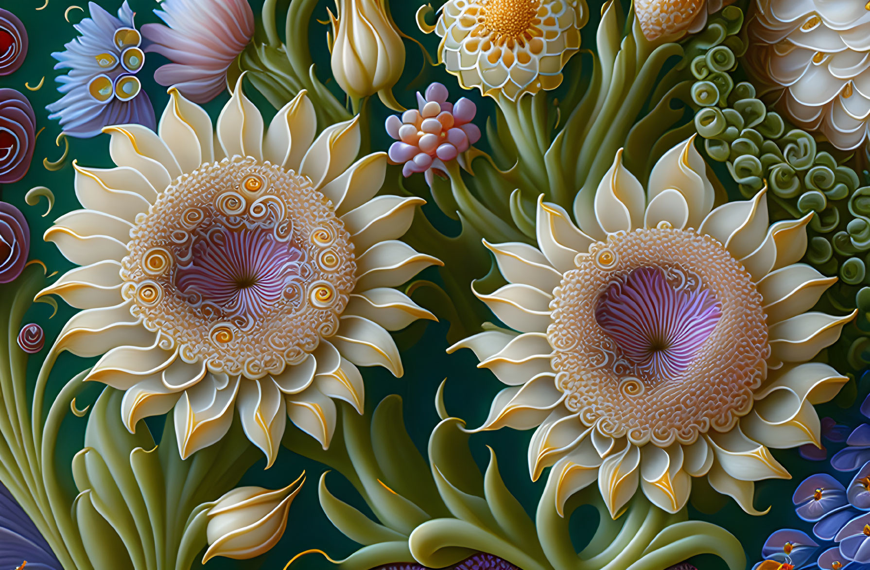 Stylized sunflowers with intricate patterns in vibrant flora