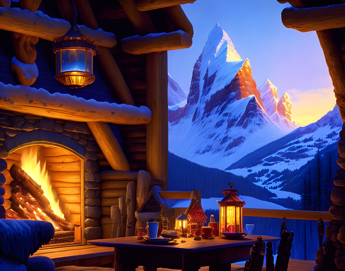 Cozy Cabin Interior with Roaring Fireplace and Snowy Mountain Sunset