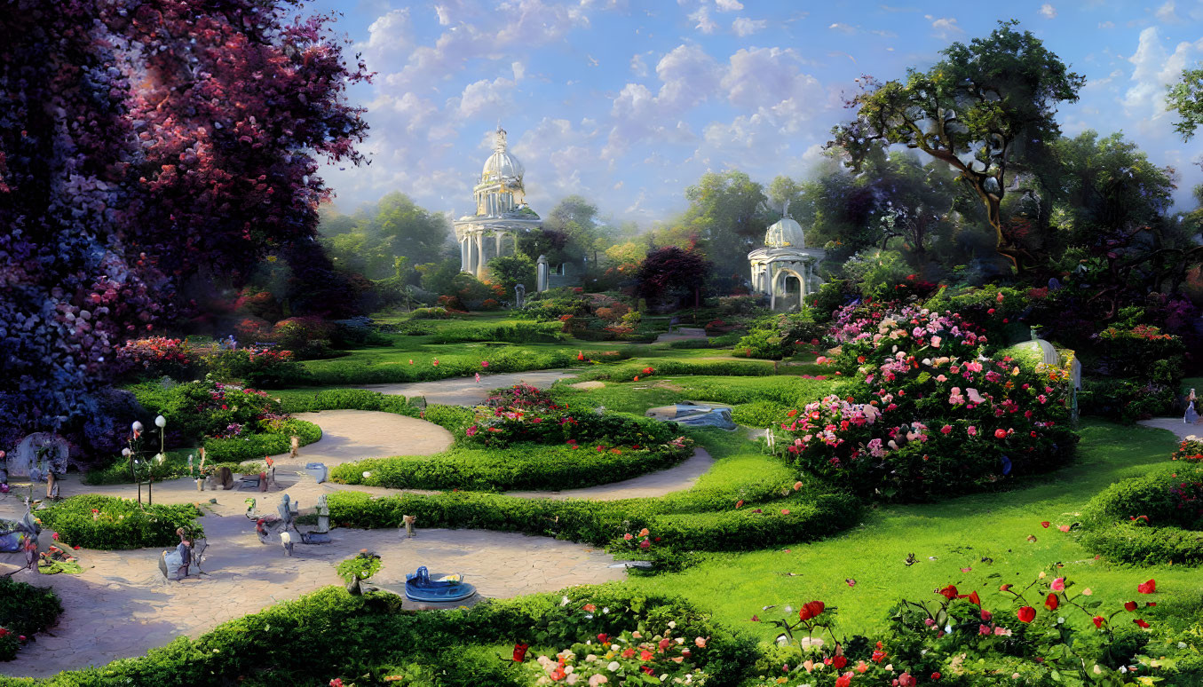 Vibrant flower garden with statues, paths, and gazebos under blue sky