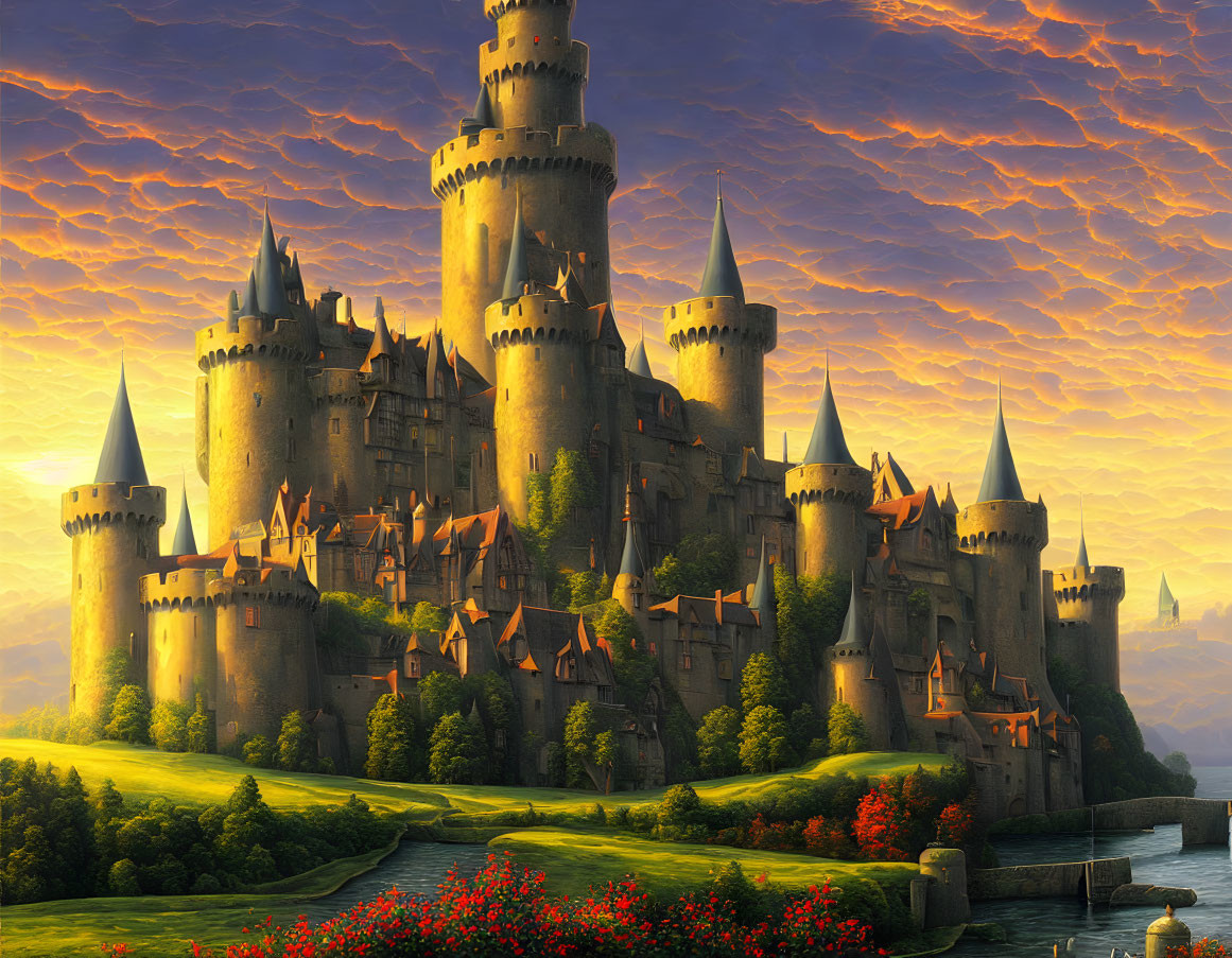 Majestic castle with towers under dramatic orange sky amid lush greenery