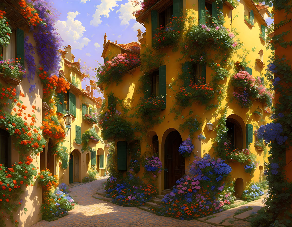 Sunlit cobblestone street with yellow houses and bougainvillea.