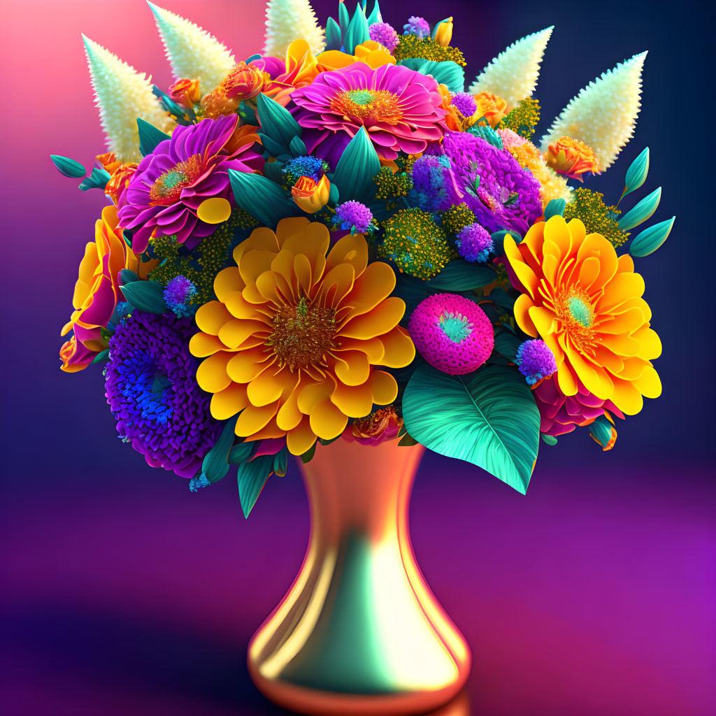 Colorful Stylized Flower Bouquet in Golden Vase on Neon Background