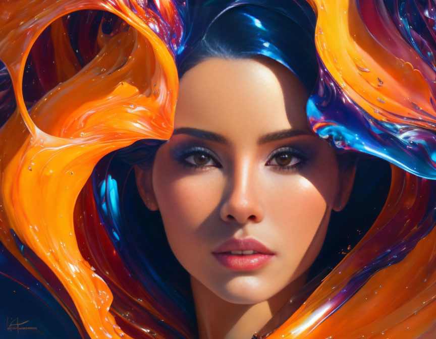 Vivid swirling colors around a woman's face in digital artwork