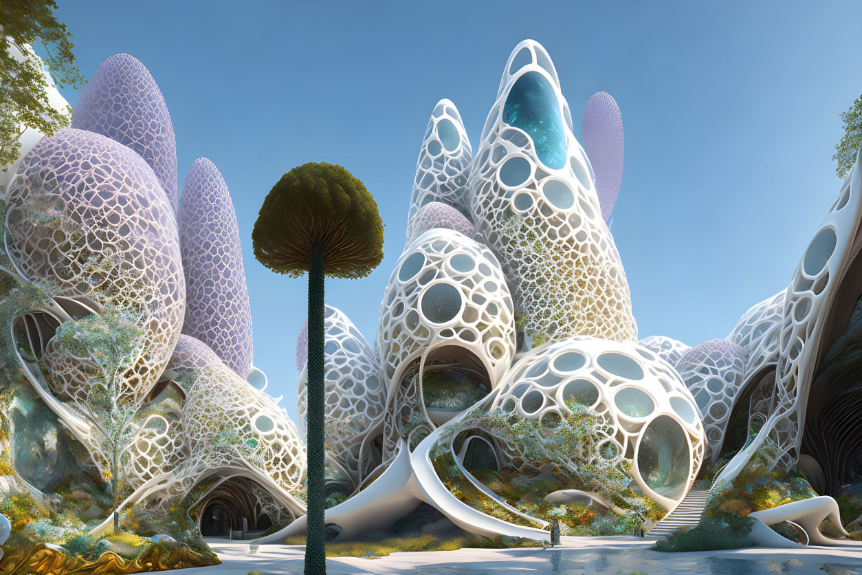 Organic-shaped futuristic buildings with white web-like patterns in lush greenery