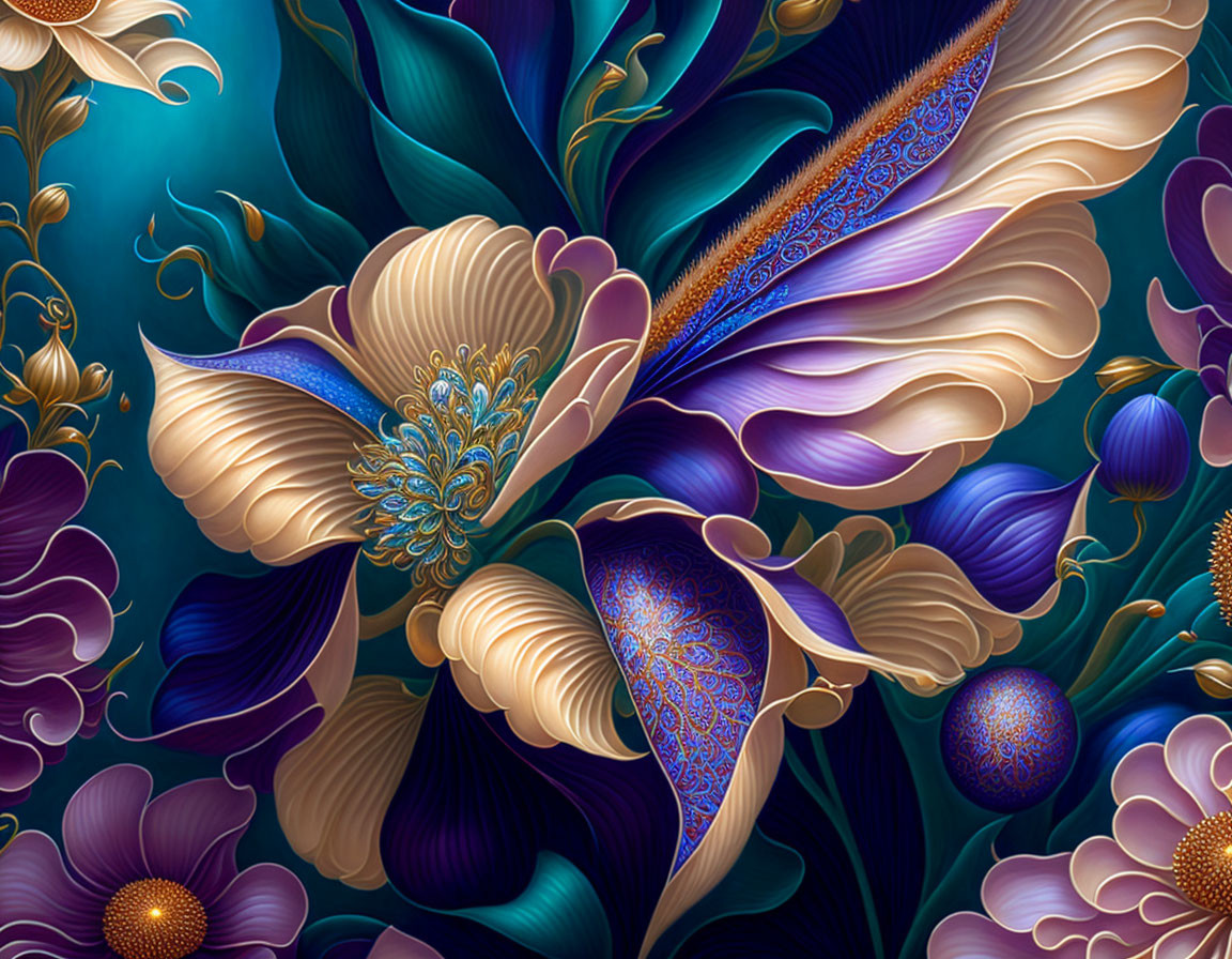 Detailed Digital Artwork: Stylized Flowers and Peacock Feathers on Teal Background