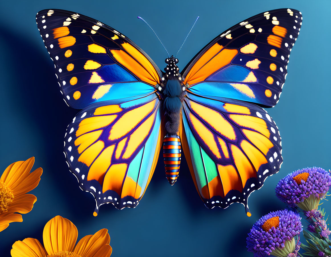 Colorful Monarch Butterfly Wings Spread Above Flowers on Blue Background