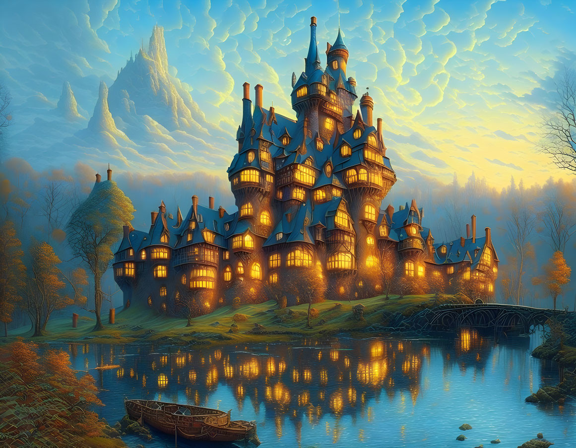 Enchanting castle reflected in tranquil lake at twilight