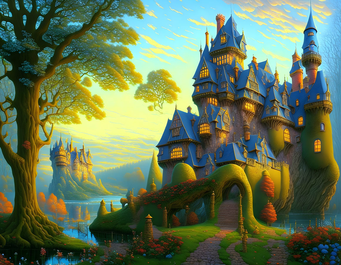 Fantasy castle with turrets near lake, autumn trees, golden sunset sky