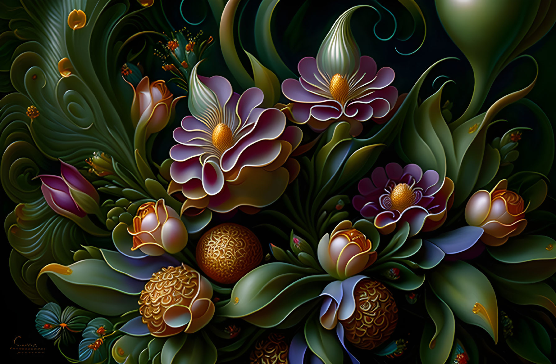 Detailed Stylized Flowers on Dark Swirling Background