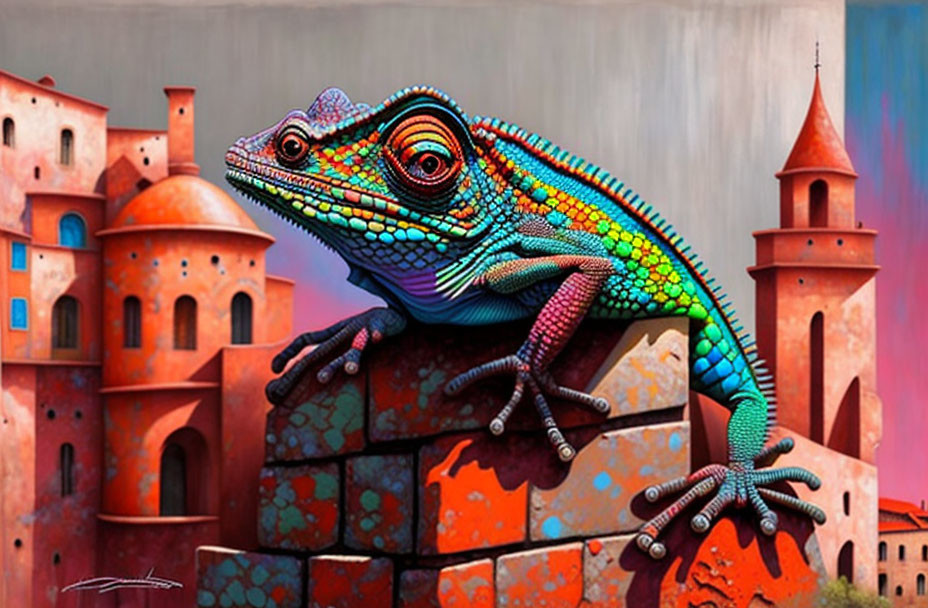 Colorful chameleon on terracotta rooftops under pink sky shows vibrant spectrum.