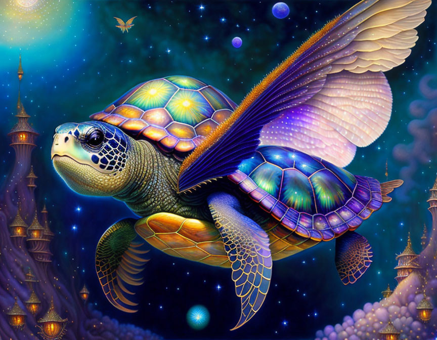 Iridescent-winged turtle flying in starry sky with Eastern-style domed structures